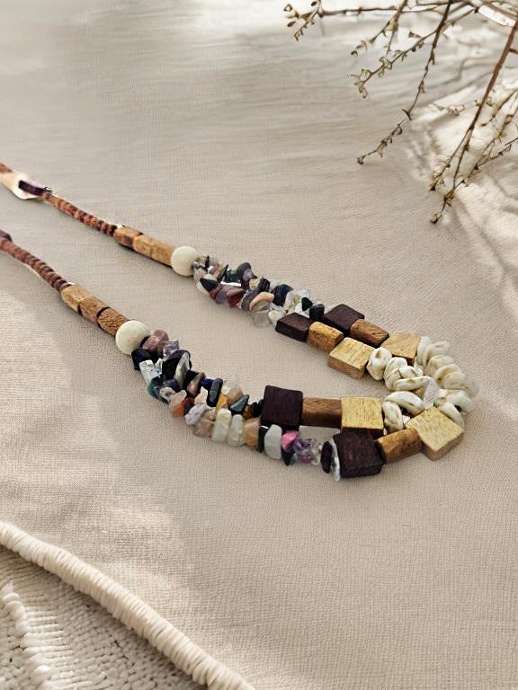 Handmade Boho Tribal Necklace β Natural Wood, Shell & Gemstone Beads