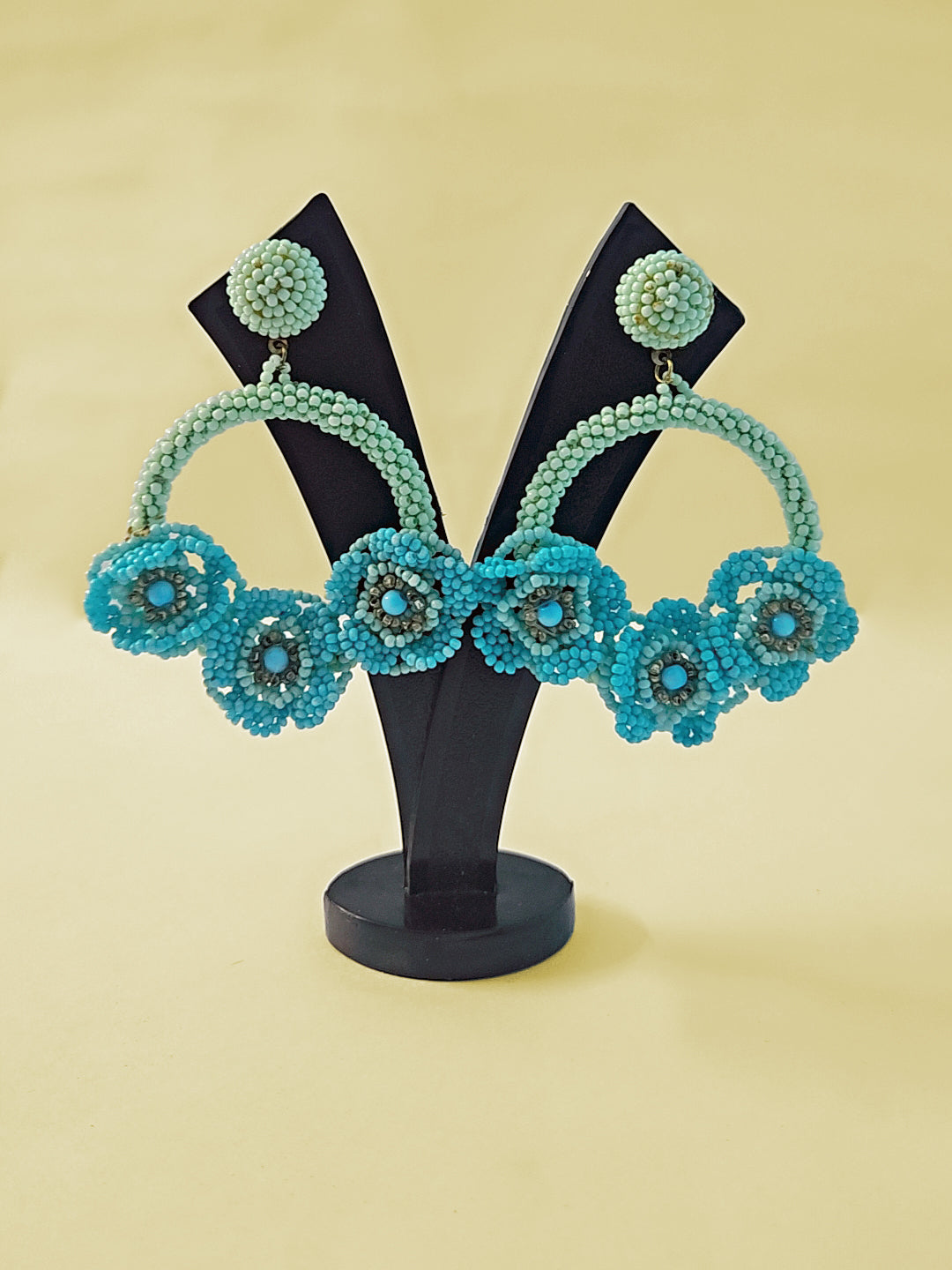 Turquoise Blue Beaded Floral Hoop Earrings β Handmade Statement Jewelry