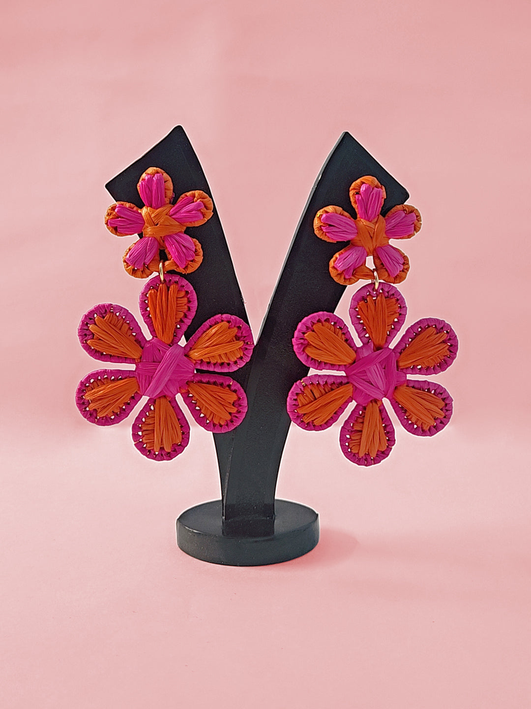 Tropical Bloom Raffia Earrings – Handmade Floral Statement Dangles