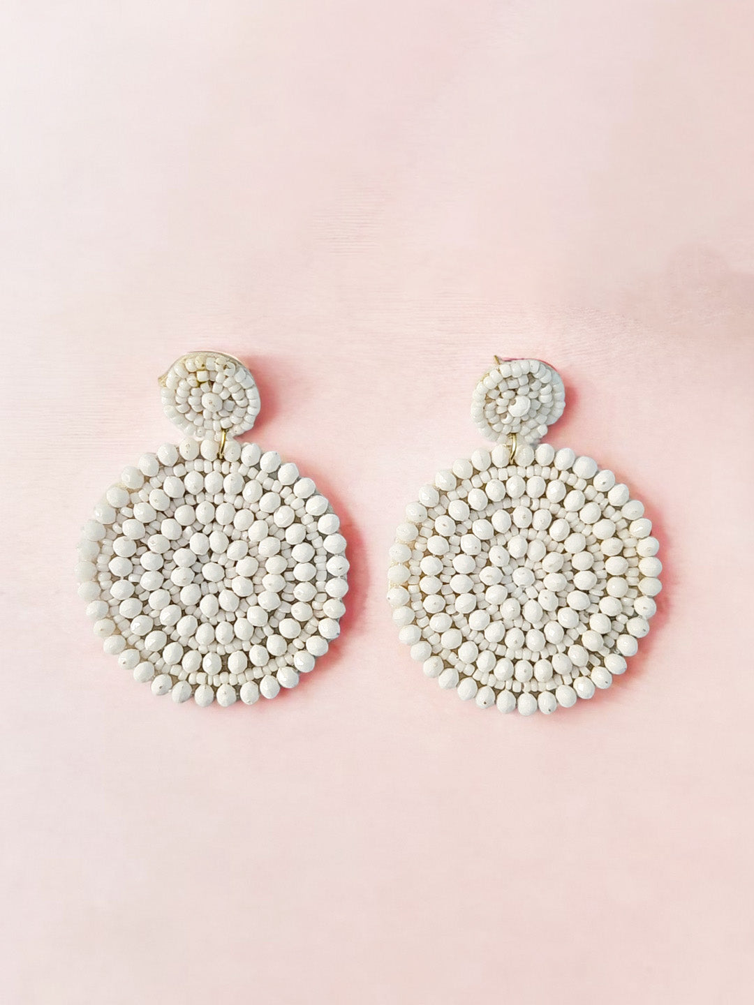 White Beaded Circle Statement Earrings – Handmade Elegance