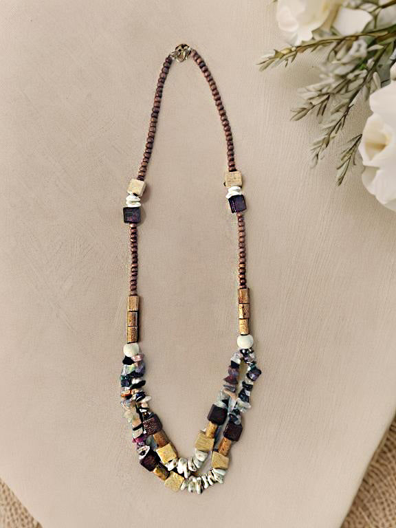 Handmade Boho Tribal Necklace β Natural Wood, Shell & Gemstone Beads