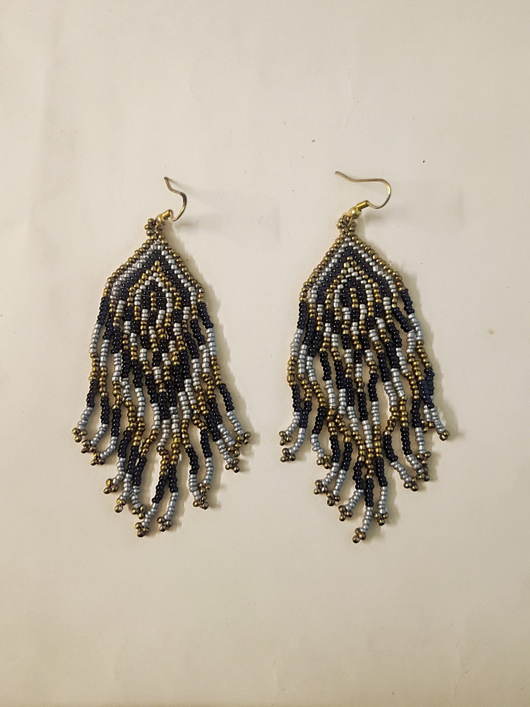 Midnight Cascade Beaded Earrings β Handcrafted Black, Silver & Gold Fringe