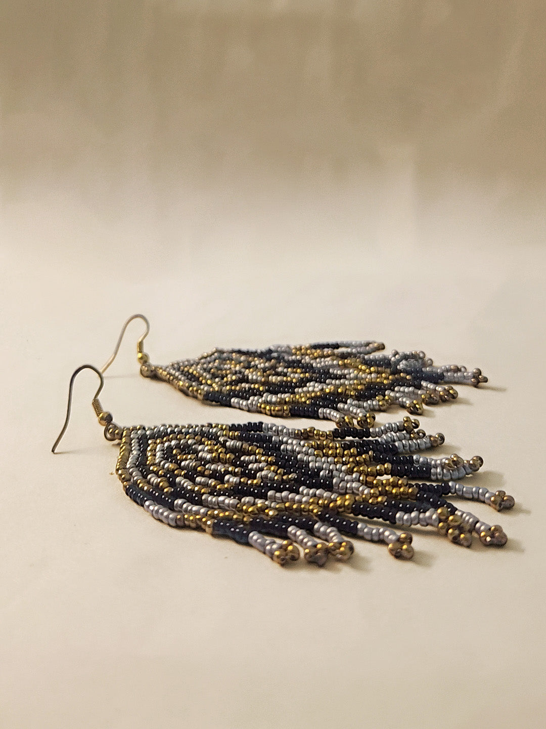 Midnight Cascade Beaded Earrings β Handcrafted Black, Silver & Gold Fringe