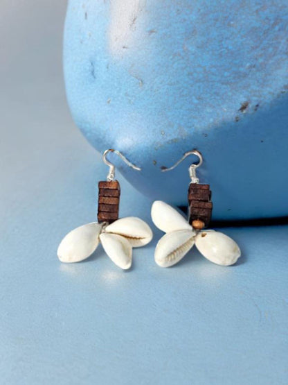 Handmade Cowrie Shell & Wooden Bead Earrings – Boho & Sustainable Jewelry