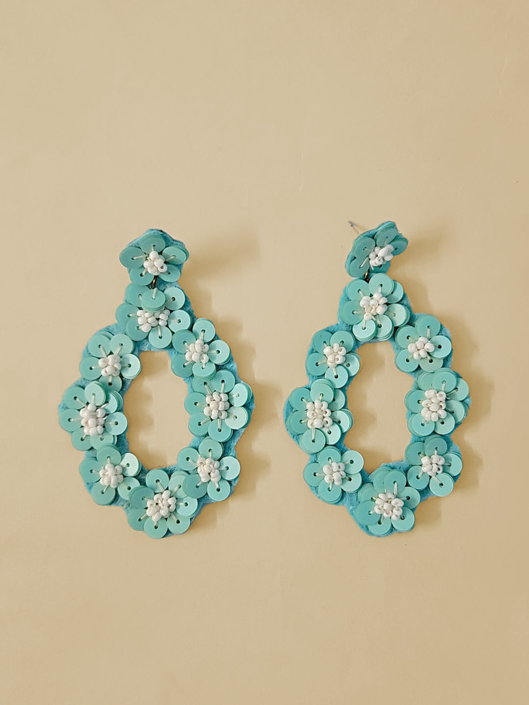 Aqua Floral Sequin Hoop Earrings – Handmade Statement Jewelry