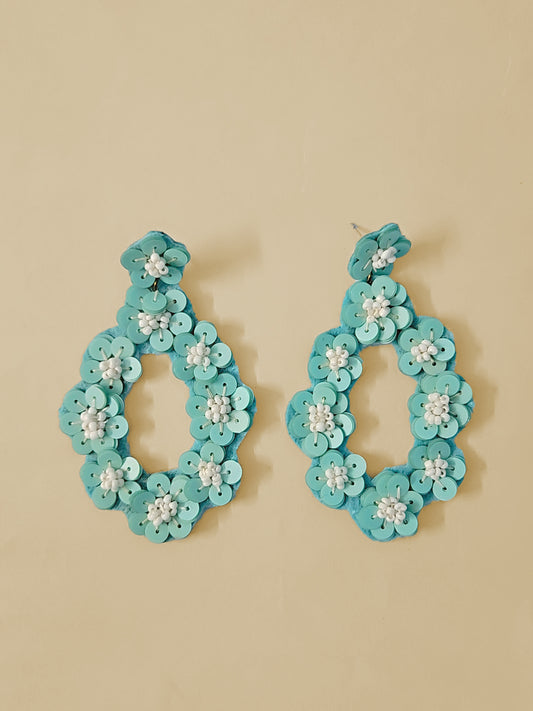 Aqua Floral Sequin Hoop Earrings – Handmade Statement Jewelry