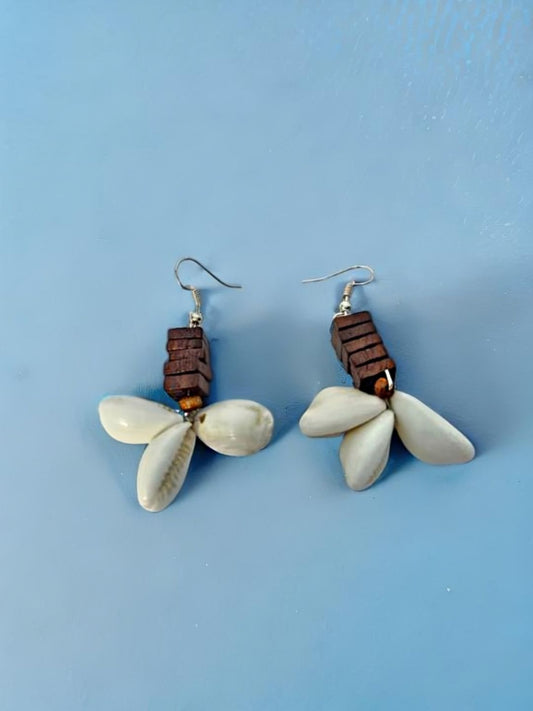 Handmade Cowrie Shell & Wooden Bead Earrings – Boho & Sustainable Jewelry