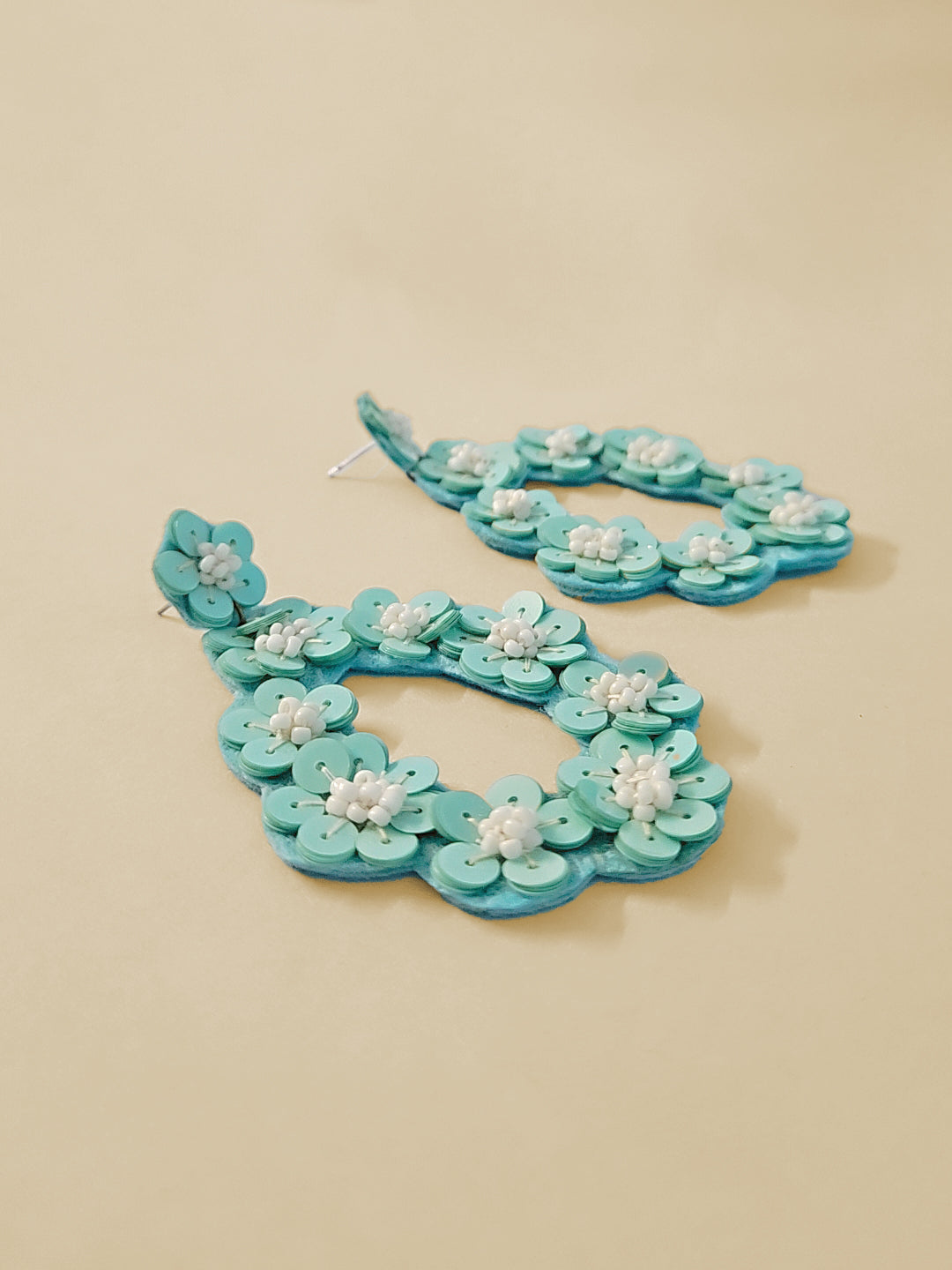 Aqua Floral Sequin Hoop Earrings – Handmade Statement Jewelry