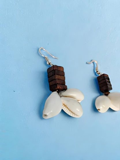 Handmade Cowrie Shell & Wooden Bead Earrings – Boho & Sustainable Jewelry