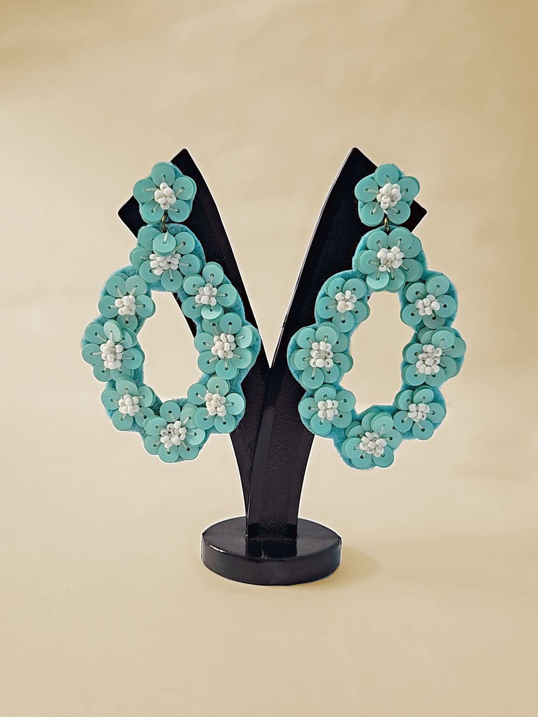 Aqua Floral Sequin Hoop Earrings – Handmade Statement Jewelry