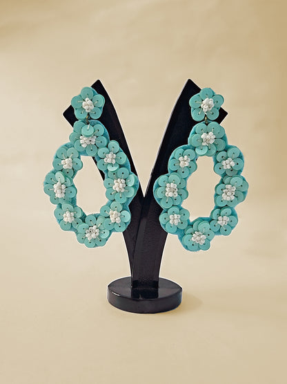 Aqua Floral Sequin Hoop Earrings – Handmade Statement Jewelry