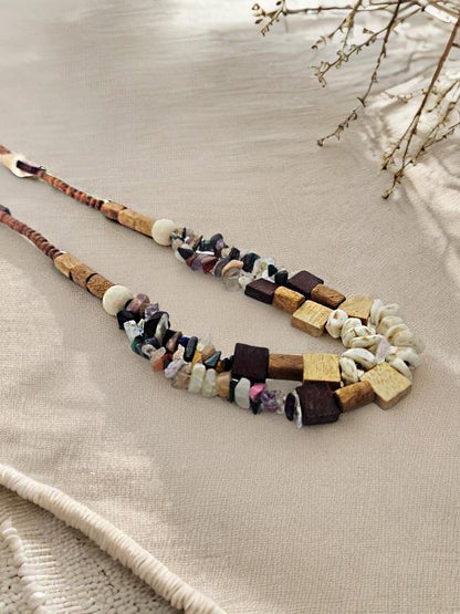 Handmade Boho Tribal Necklace – Natural Wood, Shell & Gemstone Beads