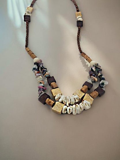 Handmade Boho Tribal Necklace – Natural Wood, Shell & Gemstone Beads