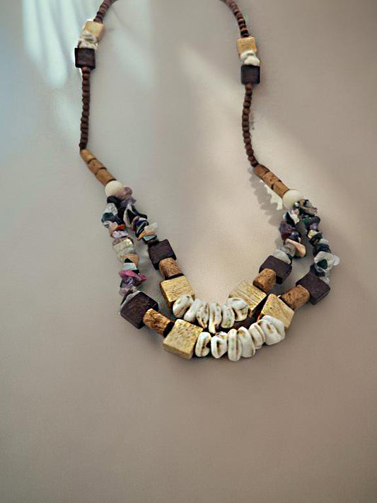 Handmade Boho Tribal Necklace – Natural Wood, Shell & Gemstone Beads
