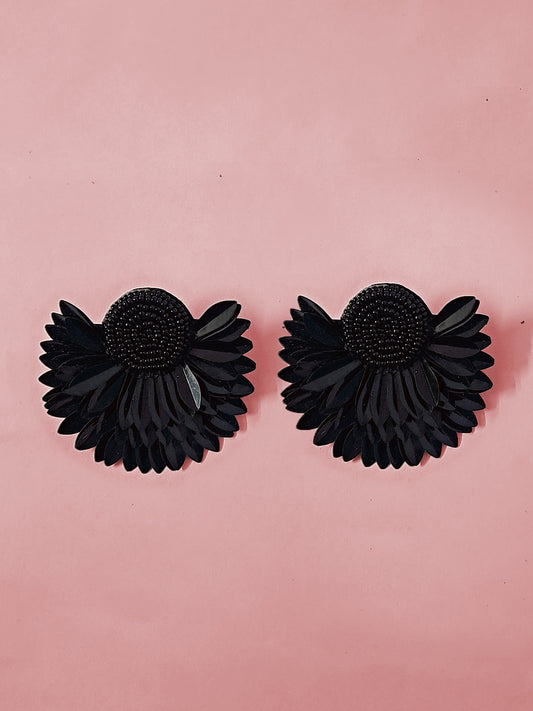 Bold Black Floral Statement Earrings – Handmade Elegance