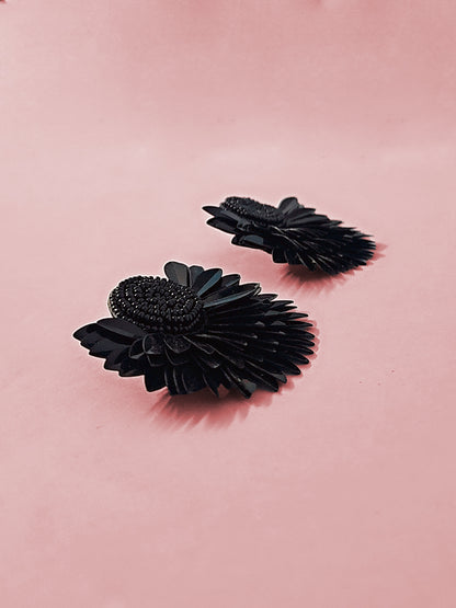 Bold Black Floral Statement Earrings – Handmade Elegance