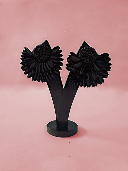Bold Black Floral Statement Earrings – Handmade Elegance