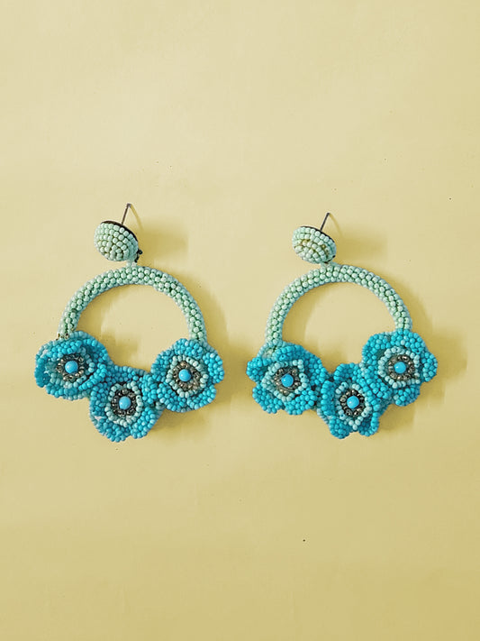 Turquoise Blue Beaded Floral Hoop Earrings – Handmade Statement Jewelry