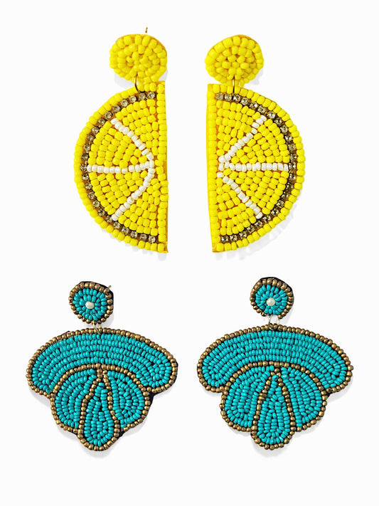 Pack of 2 – Lemon Slice & Scallop Beaded Earrings | Handmade & Stylish