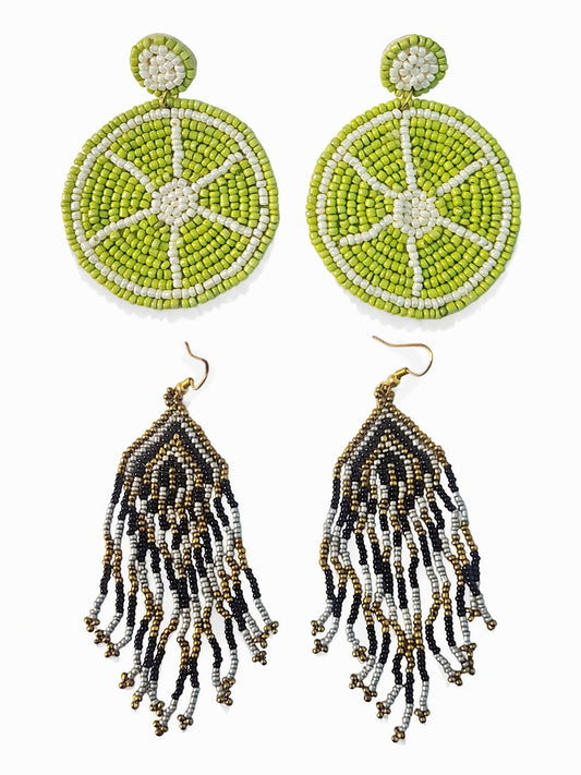 Pack of 2 – Lime & Fringe Beaded Earrings | Handmade Statement Jewelry