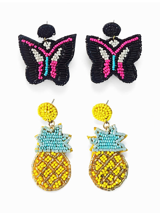Pack of 2 – Handmade Beaded Earrings (Butterfly & Pineapple)
