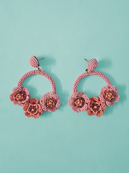Pink Floral Hoop Earrings – Handcrafted Beaded Bloom Jewelry