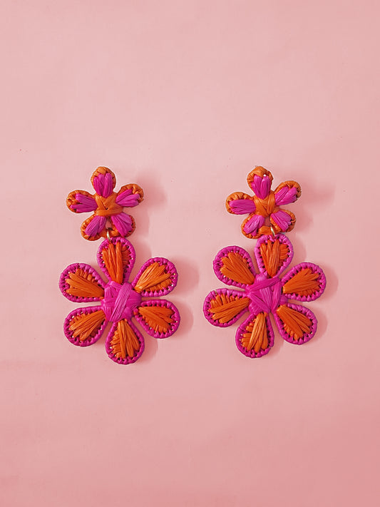 Tropical Bloom Raffia Earrings – Handmade Floral Statement Dangles