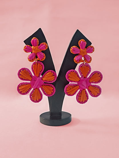 Tropical Bloom Raffia Earrings – Handmade Floral Statement Dangles