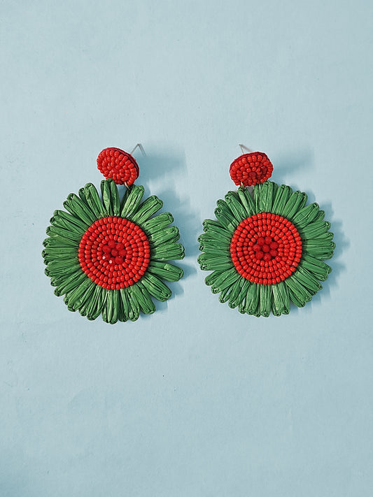 Green & Red Floral Handmade Statement Earrings
