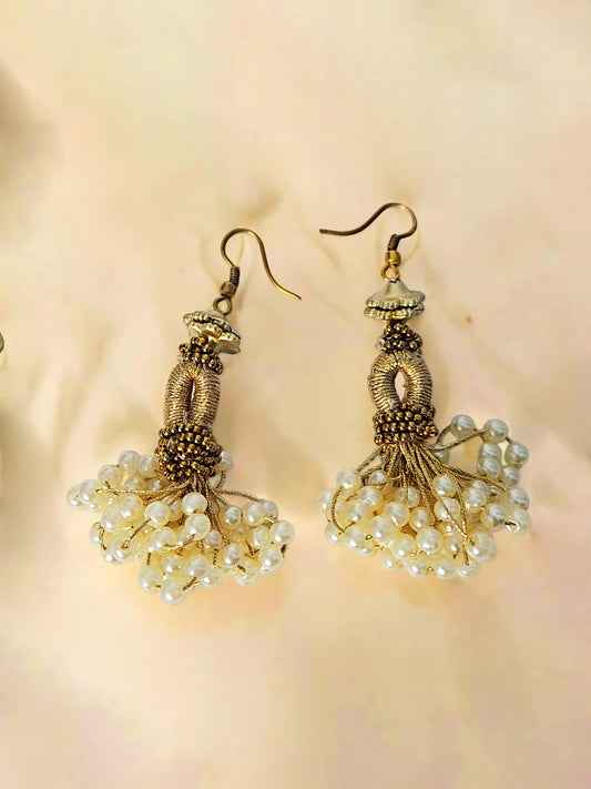 Elegant Gold & Pearl Cluster Dangle Earrings