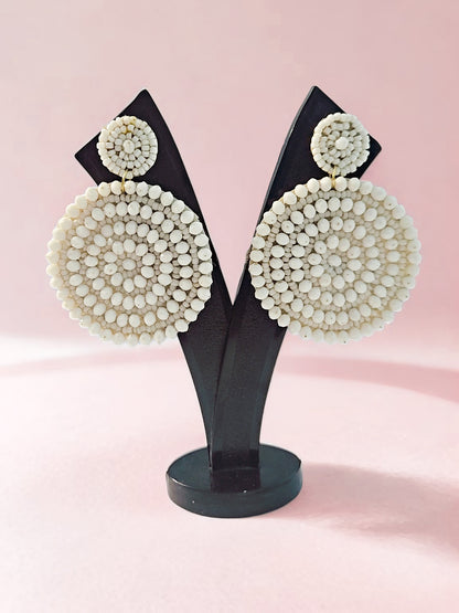White Beaded Circle Statement Earrings – Handmade Elegance