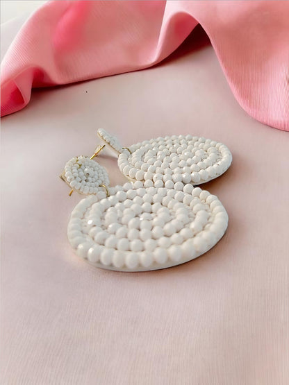 White Beaded Circle Statement Earrings – Handmade Elegance