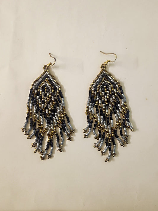Midnight Cascade Beaded Earrings – Handcrafted Black, Silver & Gold Fringe